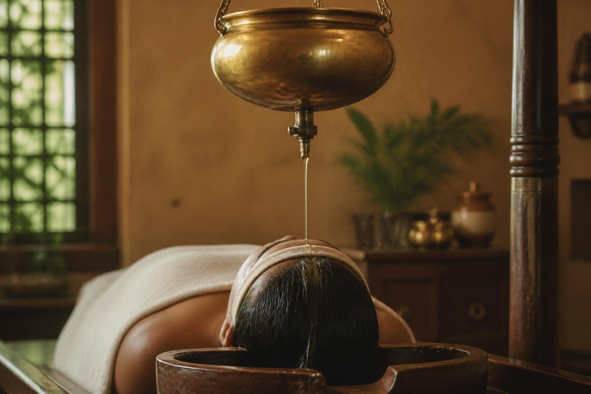Warm herbal oil streaming from a hanging brass vessel during a traditional Shirodhara treatment at Chakrapani Ayurveda, Jaipur